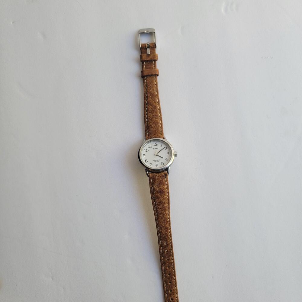 Timex Womens Watch White Dial Silver Case Brown Leather Strap Indiglo Quartz